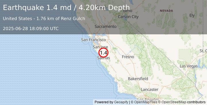 Earthquake 8 km W of Gilroy, CA (1.4 md) (2025-06-28 18:09:00 UTC)