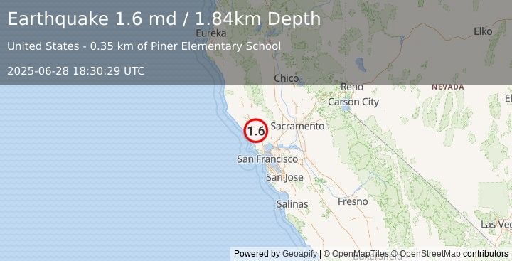 Earthquake 6 km SW of Larkfield-Wikiup, CA (1.6 md) (2025-06-28 18:30:29 UTC)