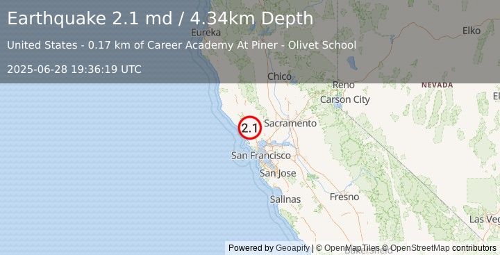 Earthquake 5 km SSW of Larkfield-Wikiup, CA (2.1 md) (2025-06-28 19:36:19 UTC)