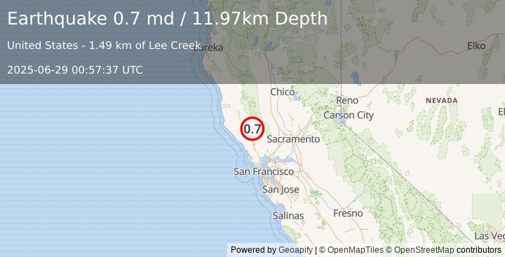 Earthquake 5 km WNW of Cobb, CA (0.7 md) (2025-06-29 00:57:37 UTC)