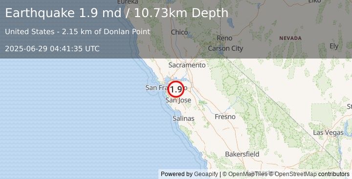 Earthquake 5 km WNW of Dublin, CA (1.9 md) (2025-06-29 04:41:35 UTC)