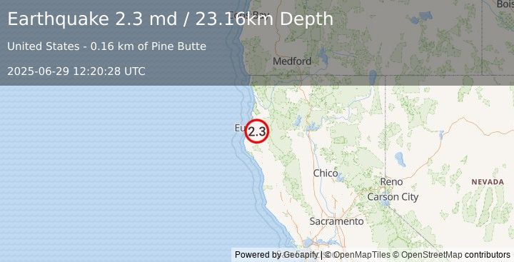 Earthquake 17 km ESE of Pine Hills, CA (2.3 md) (2025-06-29 12:20:28 UTC)