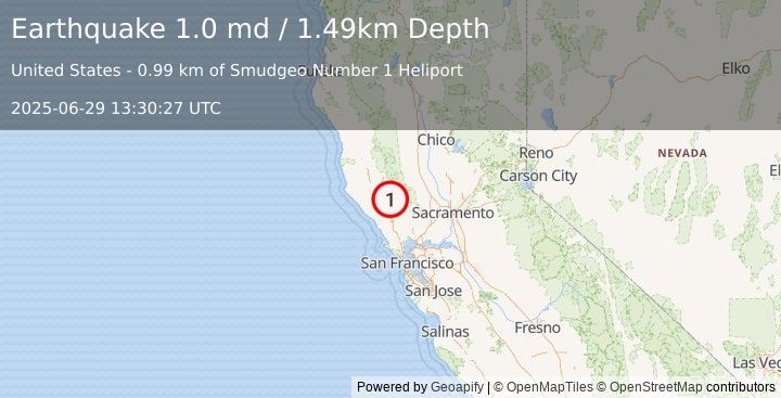 Earthquake 2 km  of The Geysers, CA (1.0 md) (2025-06-29 13:30:27 UTC)