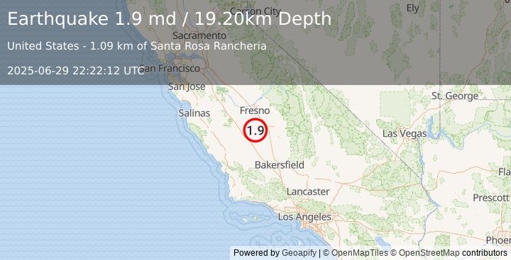 Earthquake 7 km S of Lemoore, CA (1.9 md) (2025-06-29 22:22:12 UTC)