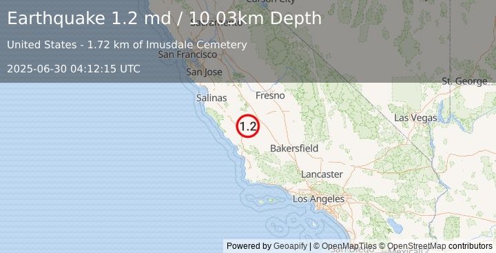 Earthquake 7 km NW of Parkfield, CA (1.2 md) (2025-06-30 04:12:15 UTC)