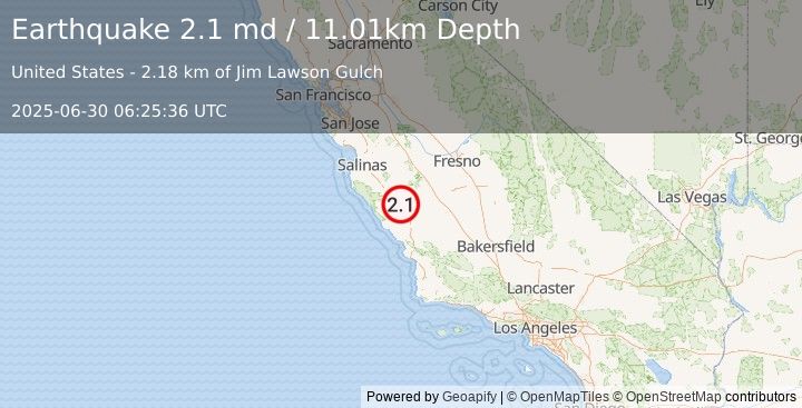 Earthquake 3 km NE of San Ardo, CA (2.1 md) (2025-06-30 06:25:36 UTC)