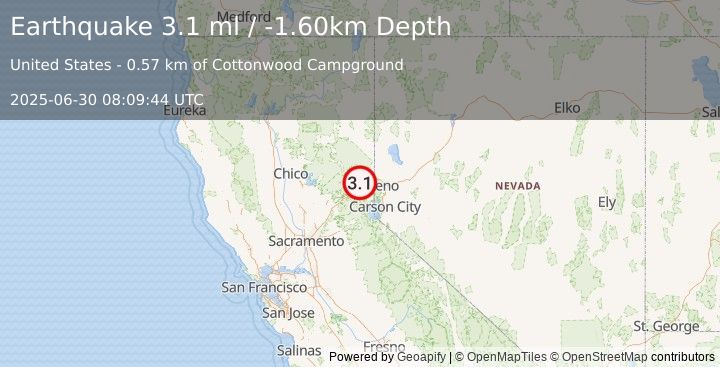 Earthquake 15 km SW of Loyalton, CA (3.1 ml) (2025-06-30 08:09:44 UTC)