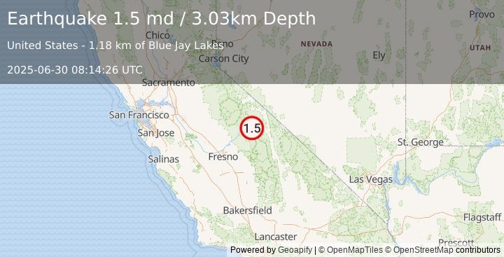 Earthquake 22 km WSW of Toms Place, CA (1.5 md) (2025-06-30 08:14:26 UTC)