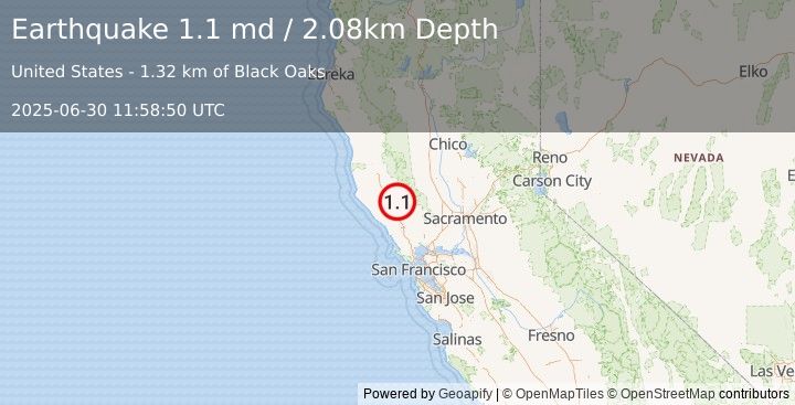 Earthquake 9 km NW of The Geysers, CA (1.1 md) (2025-06-30 11:58:50 UTC)