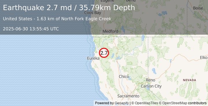 Earthquake 29 km ENE of Willow Creek, CA (2.7 md) (2025-06-30 13:55:45 UTC)