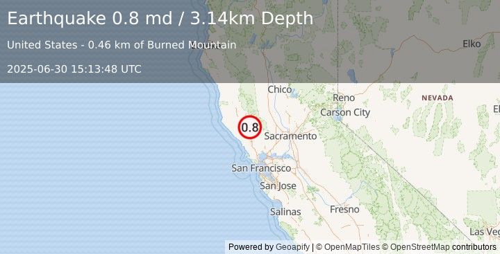 Earthquake 3 km NNW of The Geysers, CA (0.8 md) (2025-06-30 15:13:48 UTC)