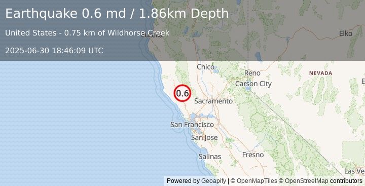Earthquake 10 km WNW of Cobb, CA (0.6 md) (2025-06-30 18:46:09 UTC)