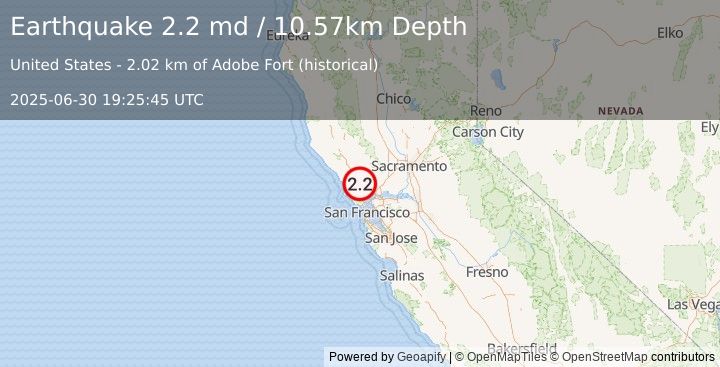 Earthquake 7 km ENE of Petaluma, CA (2.2 md) (2025-06-30 19:25:45 UTC)