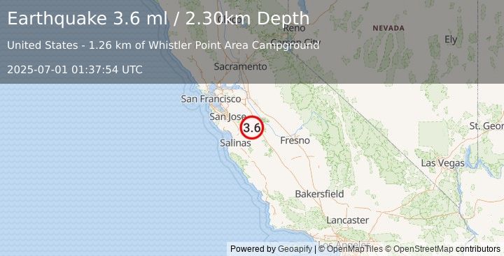 Earthquake 25 km W of Los Banos, CA (3.6 ml) (2025-07-01 01:37:54 UTC)