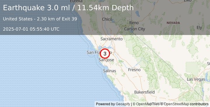 Earthquake 5 km WNW of Dublin, CA (3.0 ml) (2025-07-01 05:55:40 UTC)