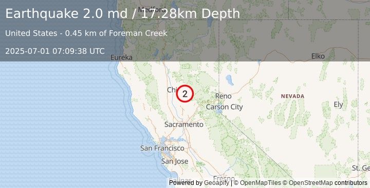 Earthquake 8 km SW of Berry Creek, CA (2.0 md) (2025-07-01 07:09:38 UTC)