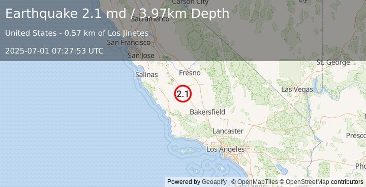 Earthquake 5 km E of Avenal, CA (2.1 md) (2025-07-01 07:27:53 UTC)