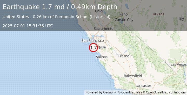 Earthquake 13 km WSW of Portola Valley, CA (1.7 md) (2025-07-01 15:31:36 UTC)