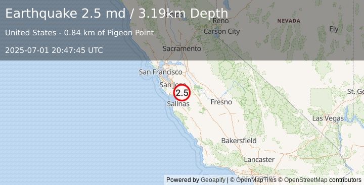 Earthquake 9 km ENE of Gilroy, CA (2.5 md) (2025-07-01 20:47:45 UTC)