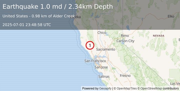 Earthquake 13 km NW of The Geysers, CA (1.0 md) (2025-07-01 23:48:58 UTC)