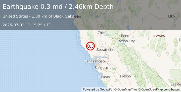 Earthquake 9 km NW of The Geysers, CA (0.3 md) (2025-07-02 12:15:25 UTC)