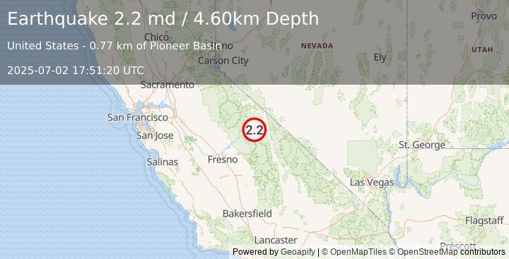Earthquake 14 km WSW of Toms Place, CA (2.2 md) (2025-07-02 17:51:20 UTC)