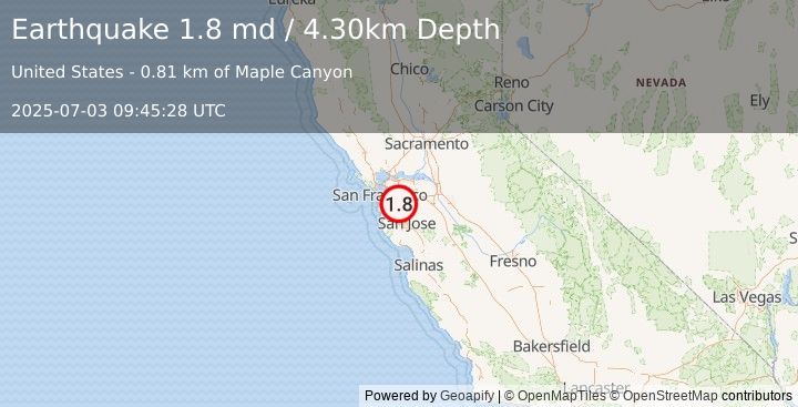 Earthquake 3 km ESE of Hayward, CA (1.8 md) (2025-07-03 09:45:28 UTC)