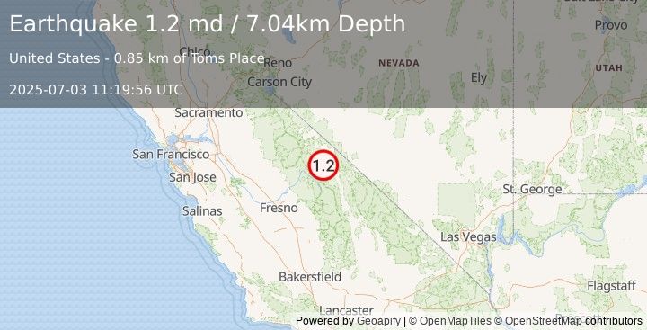 Earthquake 1 km WNW of Toms Place, CA (1.2 md) (2025-07-03 11:19:56 UTC)