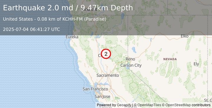 Earthquake 4 km W of Magalia, CA (2.0 md) (2025-07-04 06:41:27 UTC)