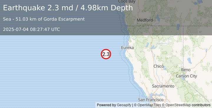 Earthquake 126 km WNW of Petrolia, CA (2.3 md) (2025-07-04 08:27:47 UTC)