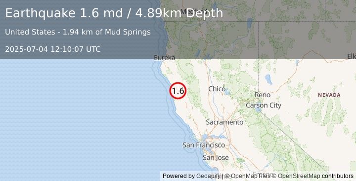 Earthquake 8 km W of Laytonville, CA (1.6 md) (2025-07-04 12:10:07 UTC)