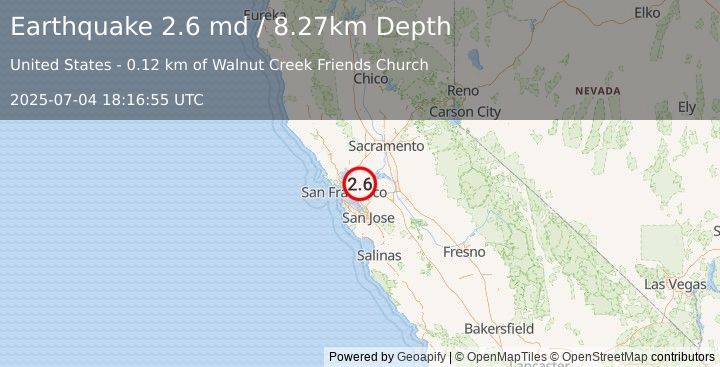 Earthquake 2 km NNW of Walnut Creek, CA (2.6 md) (2025-07-04 18:16:55 UTC)