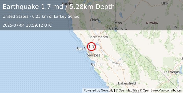 Earthquake 2 km NNW of Walnut Creek, CA (1.7 md) (2025-07-04 18:59:12 UTC)