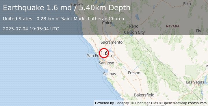 Earthquake 2 km SW of Pleasant Hill, CA (1.6 md) (2025-07-04 19:05:04 UTC)