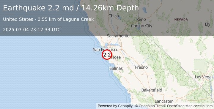 Earthquake 4 km S of Highlands-Baywood Park, CA (2.2 md) (2025-07-04 23:12:33 UTC)