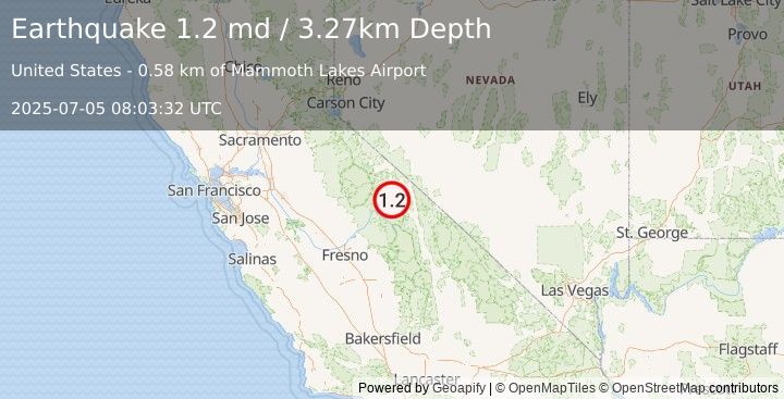 Earthquake 13 km ESE of Mammoth Lakes, CA (1.2 md) (2025-07-05 08:03:32 UTC)