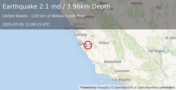 Earthquake 9 km NW of Pinnacles, CA (2.1 md) (2025-07-05 15:09:15 UTC)