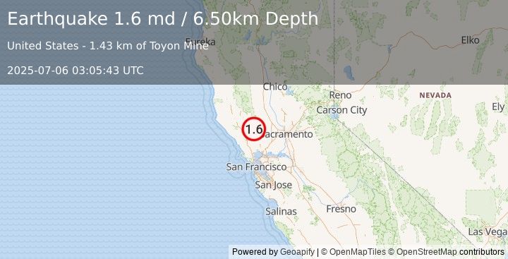 Earthquake 13 km SE of Middletown, CA (1.6 md) (2025-07-06 03:05:43 UTC)