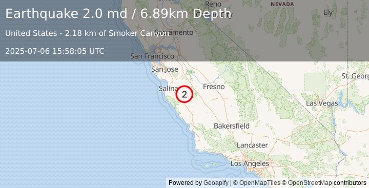 Earthquake 11 km SE of Pinnacles, CA (2.0 md) (2025-07-06 15:58:05 UTC)