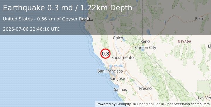 Earthquake 4 km  of The Geysers, CA (0.3 md) (2025-07-06 22:46:10 UTC)