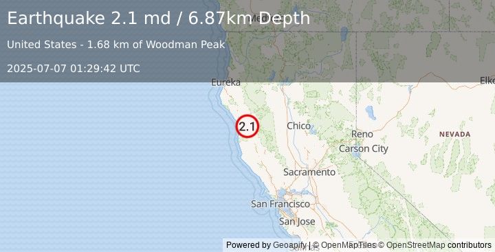 Earthquake 3 km NNE of Laytonville, CA (2.1 md) (2025-07-07 01:29:42 UTC)