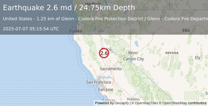 Earthquake 16 km ESE of Willows, CA (2.6 md) (2025-07-07 05:15:54 UTC)