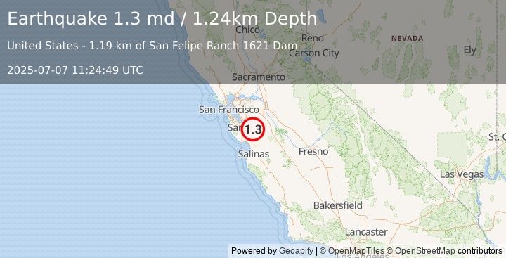 Earthquake 15 km E of Seven Trees, CA (1.3 md) (2025-07-07 11:24:49 UTC)