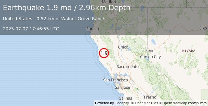 Earthquake 6 km SE of Willits, CA (1.9 md) (2025-07-07 17:46:55 UTC)