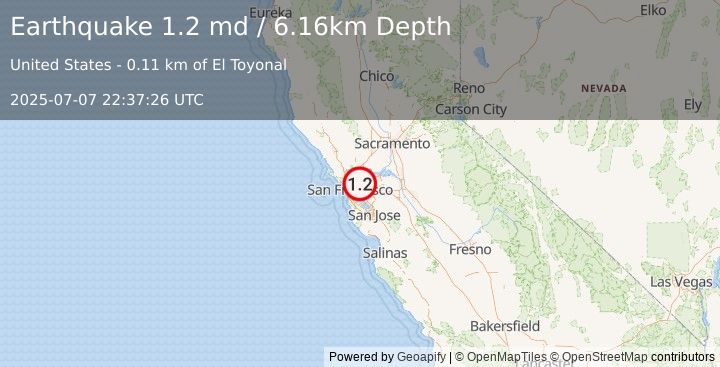 Earthquake 2 km WNW of Orinda, CA (1.2 md) (2025-07-07 22:37:26 UTC)