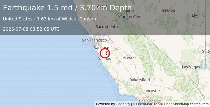 Earthquake 6 km WSW of Gilroy, CA (1.5 md) (2025-07-08 03:52:05 UTC)