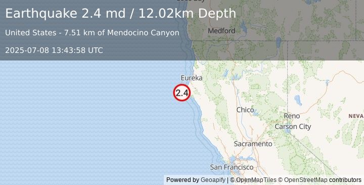 Earthquake 26 km W of Petrolia, CA (2.4 md) (2025-07-08 13:43:58 UTC)