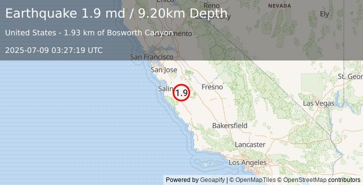 Earthquake 2 km E of Pinnacles, CA (1.9 md) (2025-07-09 03:27:19 UTC)
