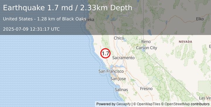 Earthquake 9 km NW of The Geysers, CA (1.7 md) (2025-07-09 12:31:17 UTC)