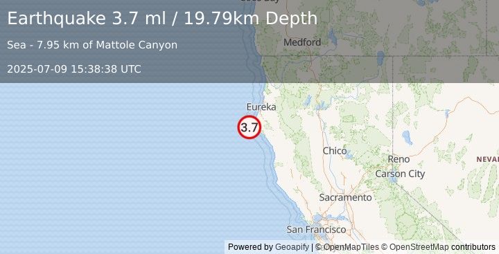 Earthquake 22 km W of Petrolia, CA (3.7 ml) (2025-07-09 15:38:38 UTC)